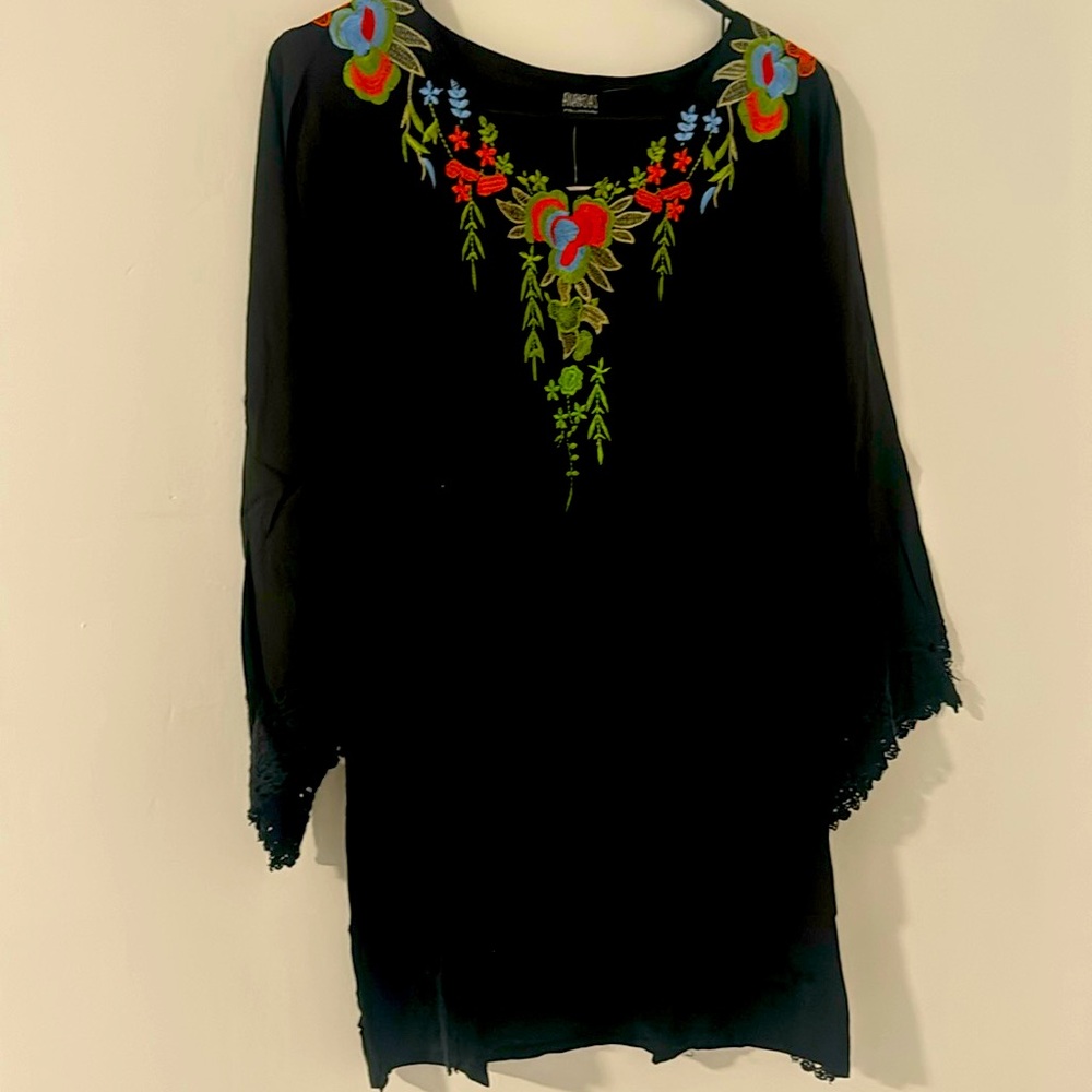 #Boho black blouse with lace sleeves and front lace size medium to 2X